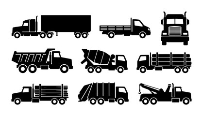 Diverse Truck Silhouettes Collection: Heavy Duty, Construction, Logistics, and Utility Vehicles Vector Set © Mahin