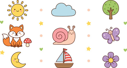 Cute cartoon sticker vector illustration set featuring adorable fox snail butterfly sailboat sun crescent moon cloud and flower characters isolated on white background © Rakib