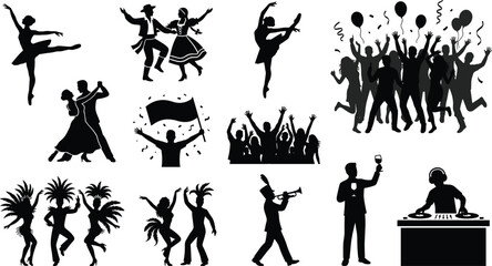 Party Celebration Silhouette Collection with Dancers Musicians DJ Crowd Performers and Festival Entertainment Elements © Arifa