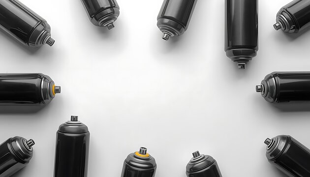 Black spray paint metal cans with varied sizes and shapes isolated on a clean and flat white background, the cans are made of shiny metal with visible nozzle tips and color-coded labels, the black spr