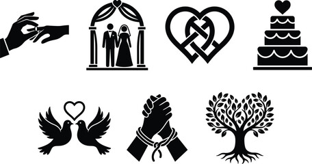 Naklejka premium Wedding and Love Symbol Icons Collection with Marriage Ceremony Commitment Hearts and Romantic Relationship Elements