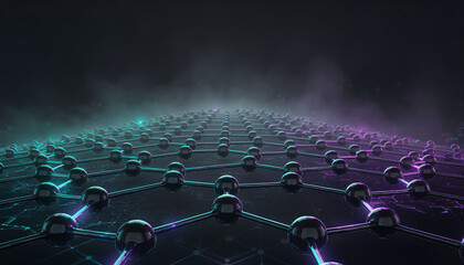 Fototapeta premium Futuristic graphene molecular lattice shining with cyan and purple light in a dark, smoky abstract space. A metaphor for nanotechnology, quantum computing, and innovation. Nobody.
