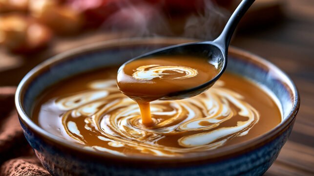Velvety bisque surface captures slow cream spiral drifting outward from ladle drop center in wide ceramic bowl, steam vapor rising above rich shellfish broth, swirling fat emulsion pattern in warm r