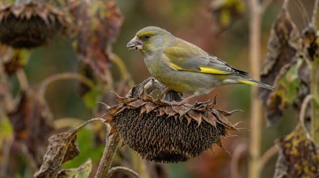 European greenfinch perched on a dried sunflower head in autumn
