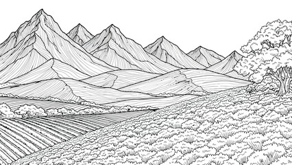 Beautiful mountain range landscape with rolling hills and agricultural fields under clear sky line art style drawing for nature coloring book for adults. © hossain