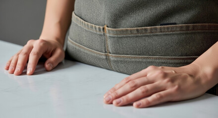 Fototapeta premium Close up of person wearing grey denim apron resting hands on white marble counter. Professional barista or chef waiting in modern kitchen or cafe