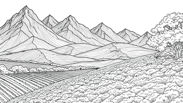Beautiful mountain range landscape with rolling hills and agricultural fields under clear sky line art style drawing for nature coloring book for adults.