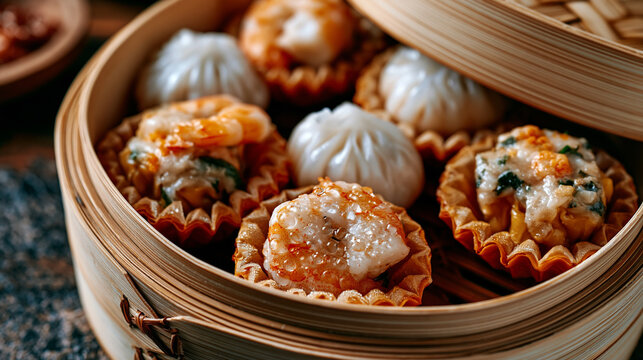 Bamboo steamer basket lid removed reveals arranged har gow and siu mai dumplings nested in parchment rounds, condensation droplets beading on translucent wrapper skin in close aerial Cantonese dim s