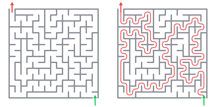 Square maze for kids, medium difficulty printable logic game, find the way from start to exit, line art, activity worksheet page with solution