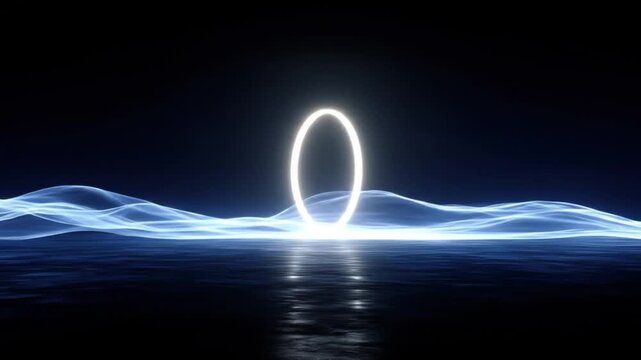 Glowing white circular portal over abstract blue waves at night