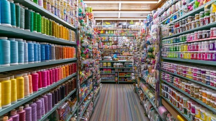 Obraz premium Colorful Craft Supplies Store with Neatly Organized Shelves and Hobby Materials for Creative Projects