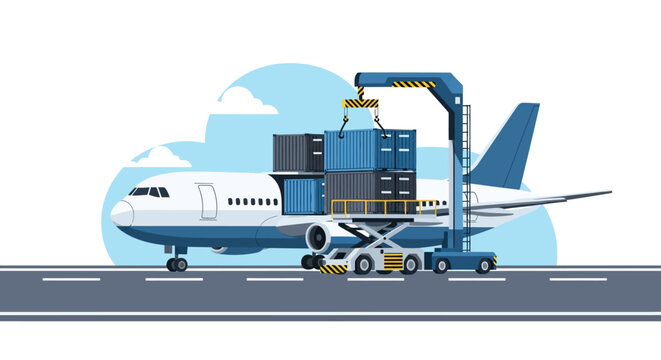 Air Cargo Logistics Illustration: Loading Shipping Containers onto a Freight Plane at Airport