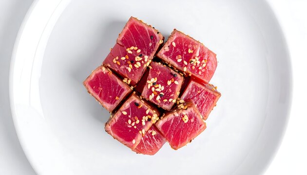 Seared Ahi Tuna Cubes on a White Plate