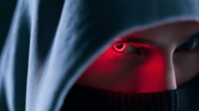 Hooded figure illuminated by dramatic red and blue neon lighting, creating a mysterious cyberpunk portrait symbolizing anonymity, cybersecurity and digital threat concepts.