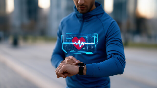 Person checking a smartwatch displaying a glowing heart icon, representing health monitoring, fitness tracking, wellness technology and cardiovascular care.