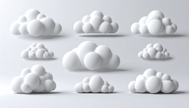 Clean minimalist set of 3D white cartoon clouds on a neutral background. Perfect for modern web design, weather apps, and cloud storage concepts. Soft shadows and clay render style.