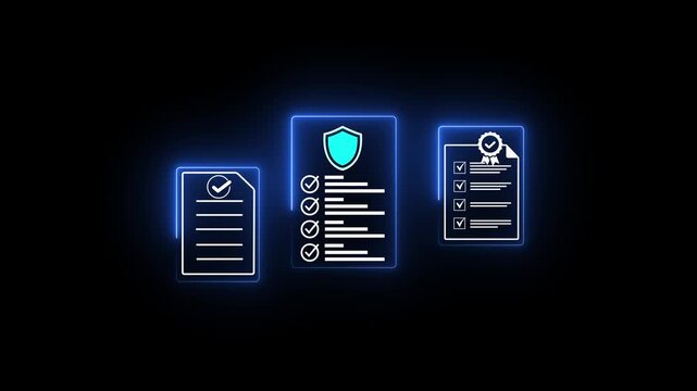 Neon cyan glowing business compliance document animation displaying multi clipboard pages with shield insurance protection icon, task checklist tick marks and quality guarantee badge badge on dark bla
