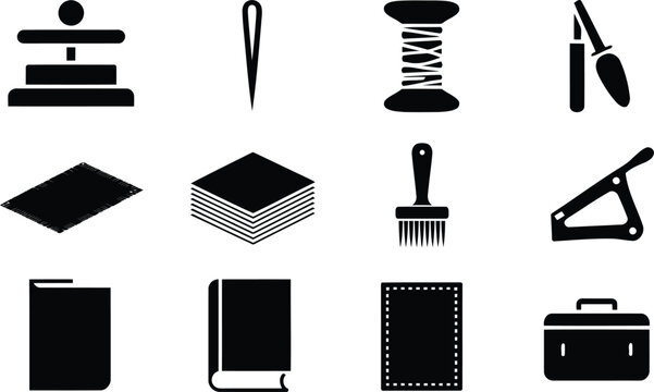 Set of black icons for bookbinding and leather craft tools and materials