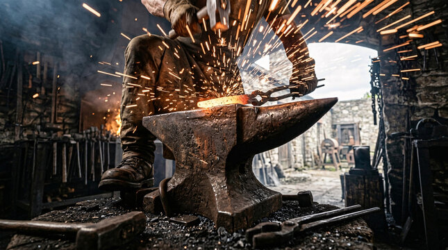Blacksmith forging metal with hammer and anvil in workshop.