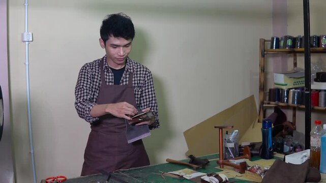 Middle sequence shows a craftsman in a brown apron focused on assembling small parts at a busy workbench, surrounded by tools, shelves, and materials under