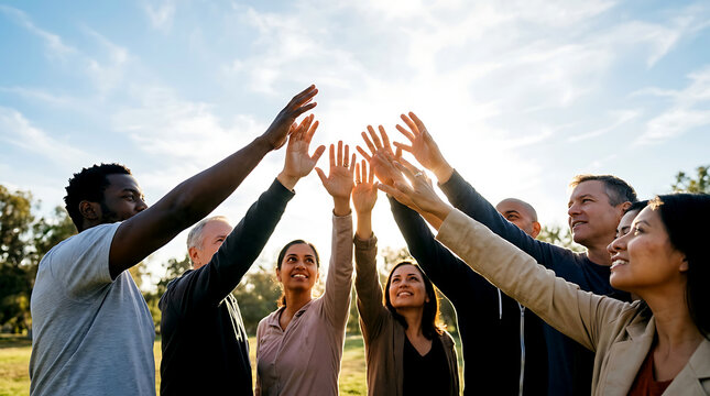 Diverse group of happy people joining hands together in a park during a sunny summer day