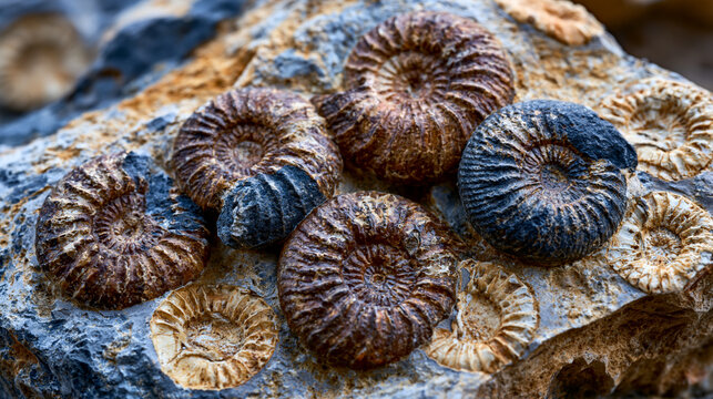 Multiple fossil specimens embedded in limestone slab, ammonite suture pattern and brachiopod impressions clustered across cut surface, Jurassic marine invertebrate record, paleontological field spec