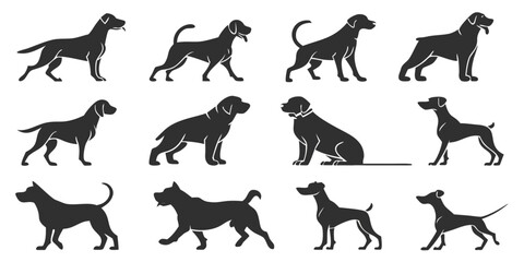Fototapeta premium Black silhouette of 12 different dog breeds in a grid layout black silhouettes canine