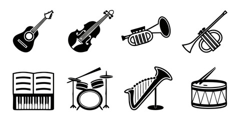 Black silhouette of 12 musical instruments, set black silhouette musical instruments © Abu