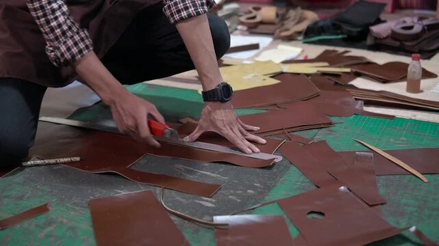 Closeup sequence shows a craftsman kneeling on a workshop floor, arranging brown leather scraps on a green cutting mat