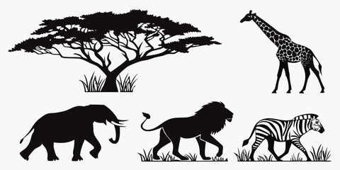 Black silhouette of twelve wild animals, set black silhouettes mammoth saber-toothed cat © Abu