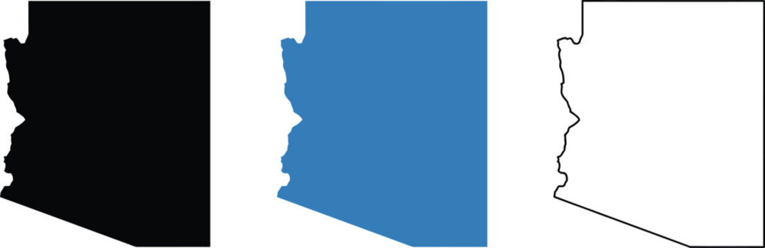 Set of arizona state map outline icons in black blue and line art style