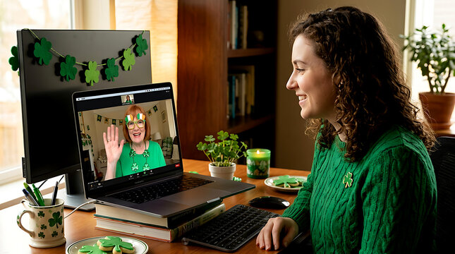 Woman wearing green having a video call on laptop at home during st patricks day celebration