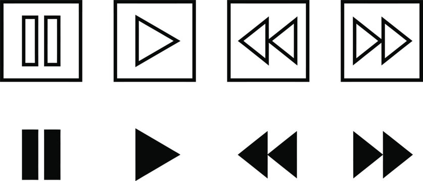 Set of black media player control buttons including play pause fast forward and rewind icons