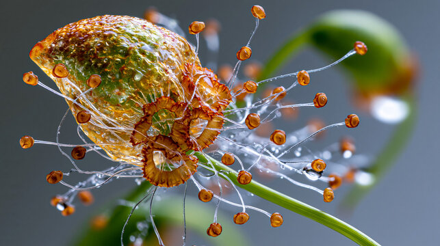 Polytrichum commune moss sporophyte capsule releasing spores through peristome teeth, magnified at extreme close range, cellular filament structures backlit against neutral gradient, bryophyte repro
