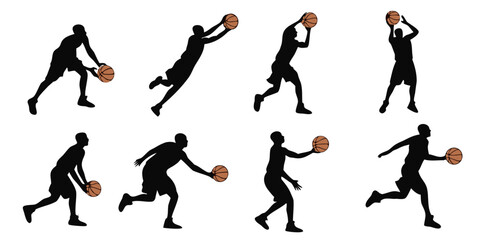 Black silhouette of basketball players in various actions dribbling shooting passing © Abu