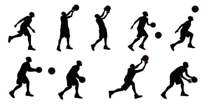 Black silhouette of 9 basketball players in action poses basketball actions dribbling