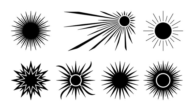 Sunburst Vector Icons Set, Starburst Graphic Elements, Radiant Light Rays, Abstract Star Shapes, Solar Flare Illustrations, Black and White Design