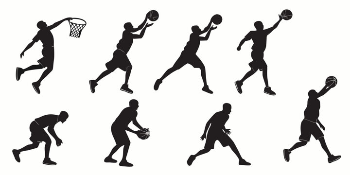 Black silhouette of basketball players in various dynamic poses jumping dribbling