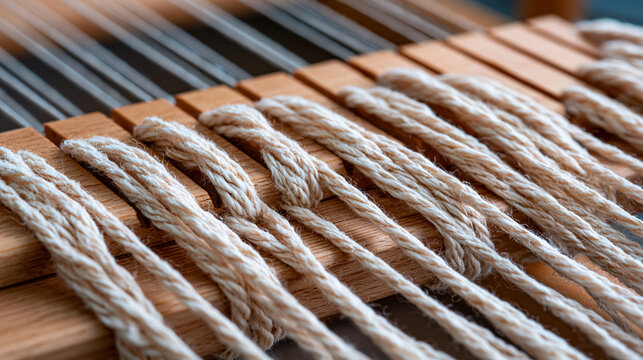 Rigid heddle loom warp thread tension arrangement extreme closeup, natural undyed cotton yarn stretched parallel across wooden heddle slots, weaving studio equipment detail, fiber arts craft referen
