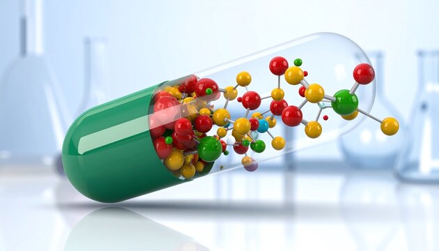 3D render of a green pharmaceutical capsule revealing a vibrant molecular structure inside, representing advanced drug development, scientific innovation, and modern medicine.