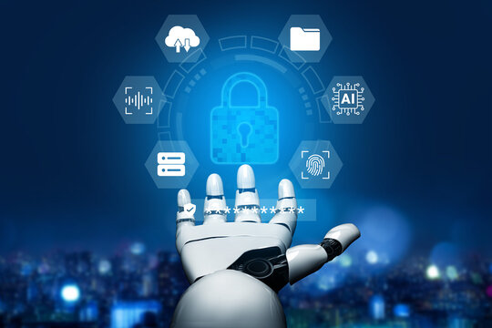 A robotic hand engages with digital icons, symbolizing the intersection of artificial intelligence and cybersecurity in a futuristic setting, highlighting advanced technology impacts. Ledger