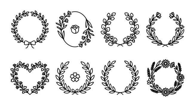 Elegant Floral Wreaths, Decorative Laurel Circles, Botanical Frames, Vector Elements for Design