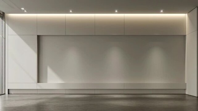 Minimalist modern white wall background with recessed spotlighting and large empty space for mockup design presentation