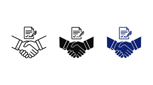 Business Handshake and Signed Contract Document Icon Set for Deal Agreement, Legal Partnership, and Success Compromise