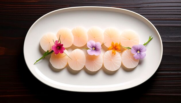 Gourmet Raw Scallop Carpaccio Served with Edible Flowers on an Oval Platter