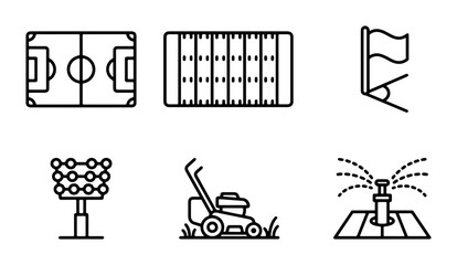 Soccer Field Icons Set, Football Stadium Elements, Sports Venue Graphics, Ground Maintenance Tools, Vector Illustrations © Reshma