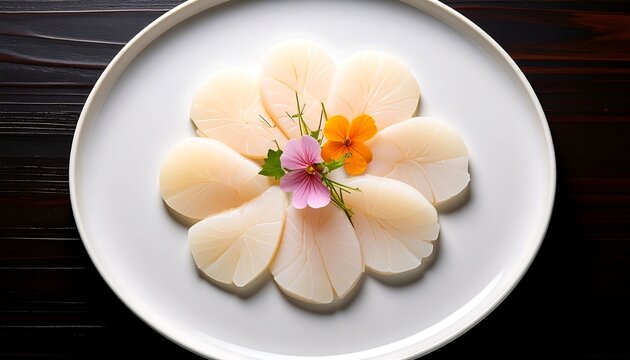 Fresh Raw Scallop Sashimi Platter with Edible Flowers