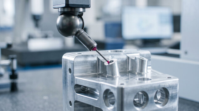 CMM probe inspecting machined metal part