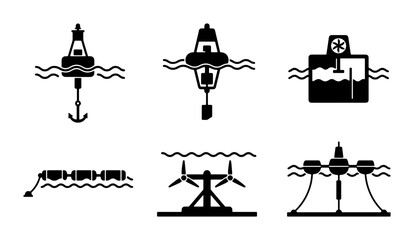 Marine Navigation Buoys and Ocean Energy Devices, Set of 6 Vector Icons for Nautical and Renewable Energy Concepts © Reshma