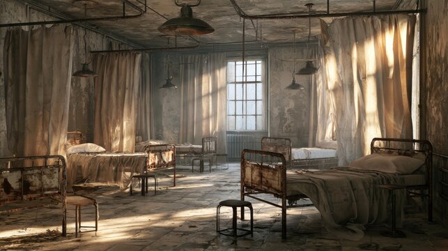 Abandoned hospital ward with rusting beds and faded curtains, capturing a haunting atmosphere of neglect and decay